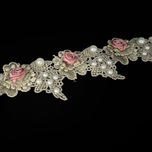 91 cm Vintage Gold Perlen Rose Blumen Bestickte Spitzenkante Trim Stoff Floral Applikationen Spitzenband Braut Handgemachte Nähen Handwerk für Hochzeit Brautkleid Kleidung Hut Dekoration (Gold) von URIMPAVIDO