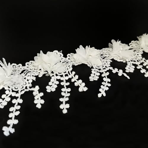 Spitzenband mit weißen Blumen, Perlen, Spitzenrand, Blumenapplikationen, bestickter Spitzenstoff, Nähspitze für Hochzeit, Brautkleid, Kleidung, Kostüm, Hutdekoration (weiß, 91 cm) von URIMPAVIDO