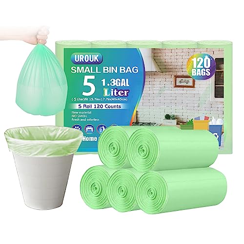 UROUK Kleine grüne Müllbeutel, 5 l, 120 Stück, biologisch abbaubar, Mini-Müllbeutel für Badezimmer, Küche, Büro (passend für 4, 5, 6 l Mülleimer) von UROUK