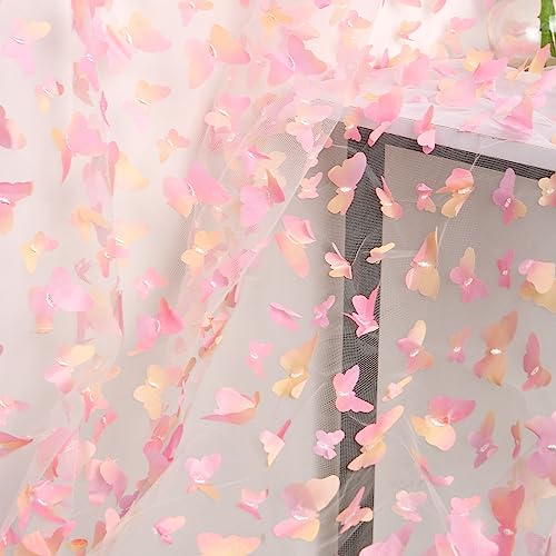 URROMA 1 Yard Stickerei Schmetterling Spitze Stoff, Gradient Pink 3D Schmetterling Spitze Stoff Mesh Tüll Spitze für DIY Hochzeit Kleid Kostüm Zubehör Schleier Home Decor von URROMA