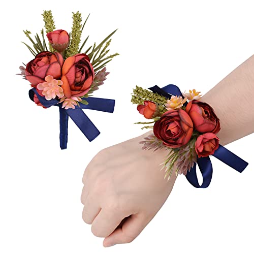 URROMA Corsage und Boutonniere Set, 1 Set künstliche Blume Handgelenk Ansteckblume und Knopflochblume für Braut Brautjungfer Bräutigam Trauzeugen Abschlussball Anzug Hochzeit Dekorationen, rot von URROMA