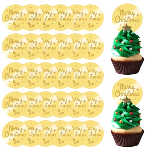 URROMA Cupcake-Aufsätze aus Acryl, goldfarben, mit Spiegel-Motiv "Merry Christmas", Kuchenschilder, runde Kuchenscheiben, 30 Stück von URROMA