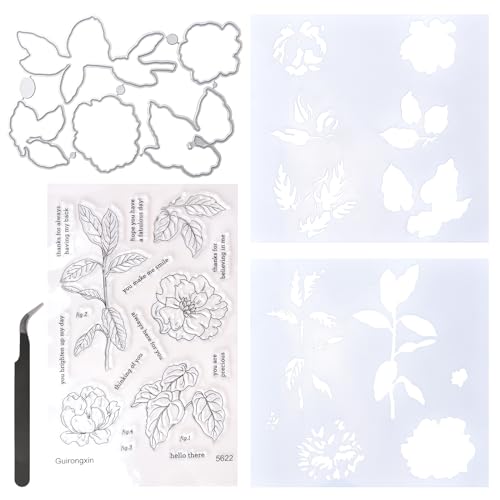 URROMA Dies Set und klare Stempel, Blumen und Gras Thema Kartenherstellung DIY Metall Stanzformen Clear Stamps Transparente Stempel für die Herstellung von Fotoalben für Papierhandwerk von URROMA