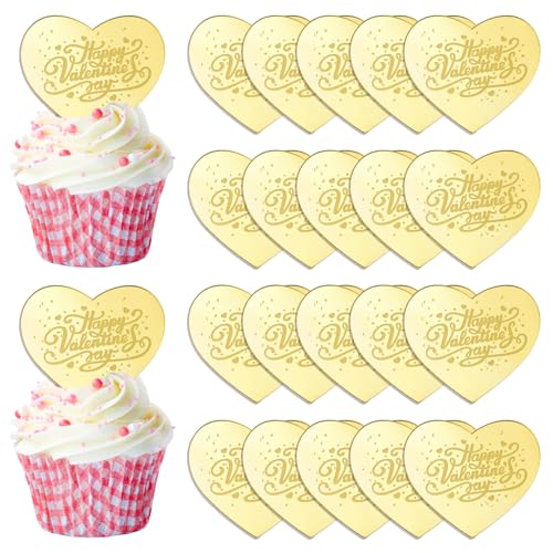 URROMA Herz-Kuchenaufsatz, 20 Stück, goldfarben, Happy Valentines Day, Cupcake-Topper für Hochzeit, Party von URROMA