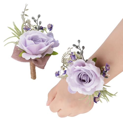 URROMA Hochzeit Handgelenk Corsage und Boutonniere Set, künstliche hellviolette Rose Handgelenk Blume Hand Blume Set für Abschlussball Brautdusche Party von URROMA