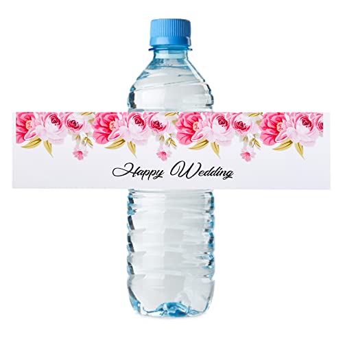 URROMA Hochzeits-Wasserflaschen-Etiketten, 100 Stück, florale Happy Wedding Wasserflaschen-Etiketten, Aufkleber, Wrap-around-Aufkleber für Wasserflaschen, Hochzeit, Brautparty, Dekoration, Rot von URROMA