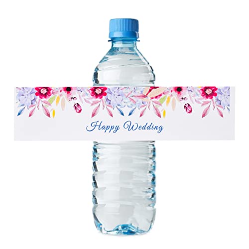 URROMA Hochzeits-Wasserflaschen-Etiketten, 100 Stück, florale Happy Wedding Wasserflaschen-Etiketten, Aufkleber zum Umwickeln von Wasserflaschen, Hochzeit, Brautparty, Dekoration, Rosa und Violett von URROMA