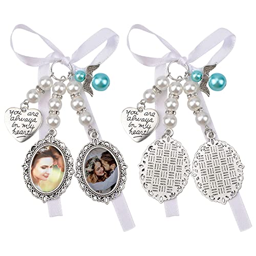 URROMA Schleife Hochzeit Bouquet Foto Charms, 2 Stück Silber Memorial Foto Charm Spitze Oval Rahmen Herz Anhänger Foto Pin Brosche für Braut Blumenstrauß von URROMA