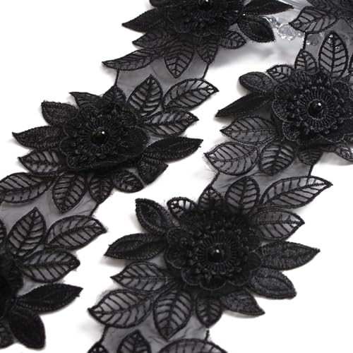 URROMA Schwarze Blumen-Spitzenbesatz, 2 Yards Organzaband, Stickerei, Spitzenborte Spitzenborte zum Aufnähen, Florale bestickte Applikation, Patch, 8,5 cm breit von URROMA