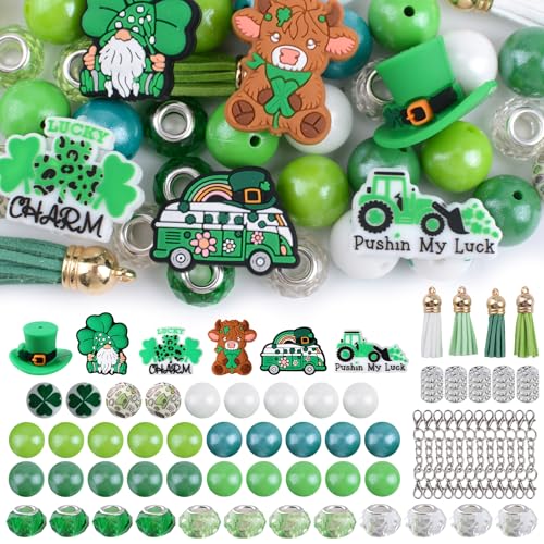 URROMA Silikonperlen, 12 Sets St. Patrick's Day Themed Silikonperlen-Set mit Schnur-Abstandshalter-Perlen, unregelmäßige und runde Perlen für DIY-Stift-Bastelherstellung von URROMA