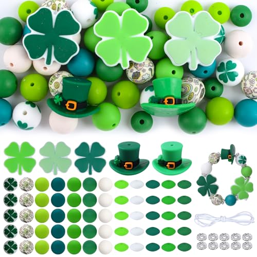 URROMA Silikonperlen-Set, 76-teiliges St. Patrick's Day-Thema, Silikon-Perlen-Set mit Schnur-Abstandshalter, Perlen für Schmuckherstellung, Halskette, Handwerk, Partyzubehör von URROMA