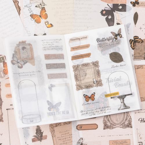 URROMA Vintage Butterfly Scrapbook Washi Stickers, 40 Sheets Adhesive Scrapbook Sticker Sheets Decorative Paper for Journaling Aesthetic Junk Stamping Supplies Kit von URROMA