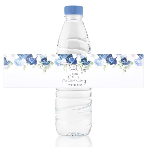 URROMA Wasserflaschen-Etiketten, 100 Stück, mit Aufschrift "Thank You for Celebrating with us", blaue und weiße Blume, Hochzeits-Etiketten für Geburtstag und Babyparty von URROMA