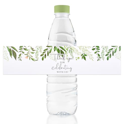 URROMA Wasserflaschen-Etiketten, 100 Stück, mit Aufschrift "Thank You for Celebrating with us", grüne Pflanze, Hochzeit, Wasserflaschen-Aufkleber für Braut- und Babyparty von URROMA