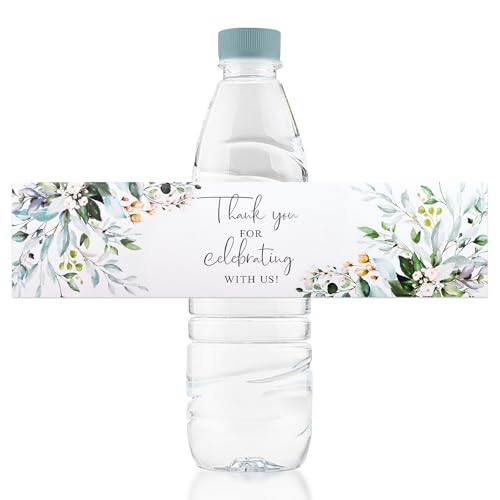 URROMA Wasserflaschen-Etiketten, 100 Stück, mit Aufschrift "Thank You for Celebrating with us", grüne und weiße Pflanze, Hochzeit, Wasserflaschen-Aufkleber für Babyparty von URROMA