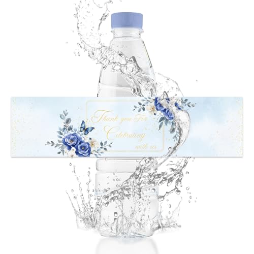 URROMA Wasserflaschen-Etiketten für Hochzeiten, blaue Blumen, Aufkleber, Folienprägung, wasserdichte Verpackungen für Hochzeit, Brautparty, Gastgeschenk, Dekoration, 100 Stück von URROMA