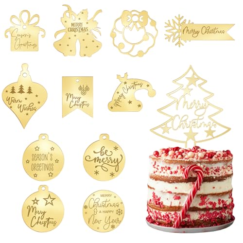 URROMA Weihnachts-Kuchenaufsatz, 24 Stück, Goldener Spiegel, unregelmäßige Frohe Weihnachten, Acryl, Cupcake-Picks, Weihnachtsmotiv-Kuchenscheiben für DIY-Kuchenanhänger von URROMA