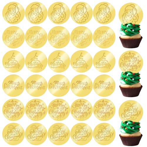 URROMA Weihnachts-Kuchenaufsatz, 30 Stück, Goldener Spiegel, runde Acryl-Cupcake-Scheiben, Weihnachtsmotiv-Kuchenspieße für DIY-Kuchendekor-Zubehör von URROMA