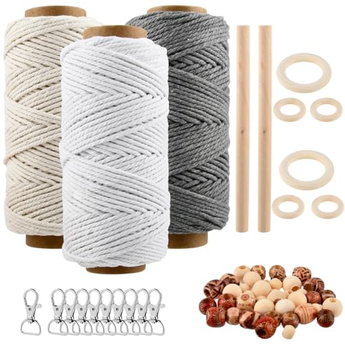 USENG 61Stk. Makramee Garn Set,3mm Makramee Garn DIY Macrame Set für Anfänger,Makramee Baumwollgarn mit Holzperlen Schlüsselanhänger,Makramee Anfänger Set für Geschenk,Makramee Bastelset Zubehör Set von USENG