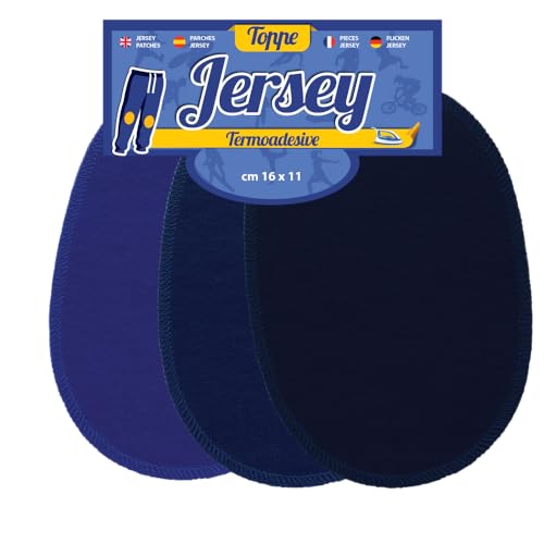 USIT, 6 Paare Flicken zum Aufbügeln aus Jerseystoff, 16x11 cm, Ideal zur Reparatur von Trainingsanzügen, Hemden und Sporthosen, Hellblau, Blau und Dunkelblau von USIT