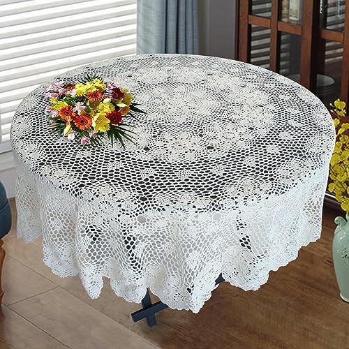 USTIDE 100% Baumwolle Spitze Tischdecke Rund Weiß 180cm Handgemachte Häkeln Tisch Overlays Floral Design Tischdecken von USTIDE