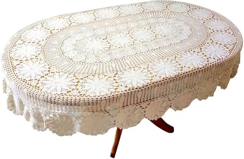 USTIDE Vintage Oval Crochet Tischdecke Beige Baumwolle Spitze Tischdecke Rustikal Oval Tisch Overaly für Hochzeit/Party, 150 x 210 cm von USTIDE