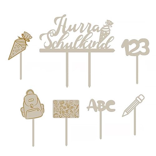 USTNIR Tortendeko Einschulung 10tgl. aus Holz Junge Mädchen Schulkind Zuckertüte Cake Topper ABC 123 Cupcake Torte Deko Kuchendeko Schulanfang von USTNIR