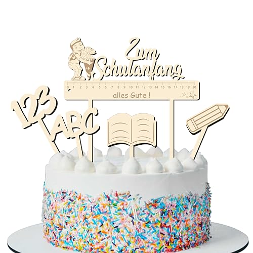 Schulkind Deko Geschenk Tortendeko Cake Topper "Zum Schulanfang alles Gute", Tortenstecker aus Holz Einschulung Deko, Für Junge Schultag Schulanfang Party Deko von UTEFIF