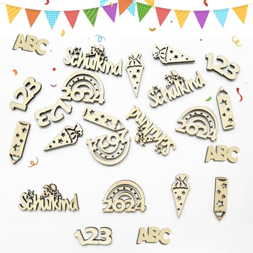 UTEFIF 24pcs Schulkind Holz mit Zahlen ABC Stift Zuckertüte Motiv für Schuleinführung - Einschulung Schulanfang Jungs und Mädchen Streudeko Tischdeko von UTEFIF