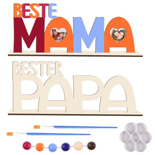 UTEFIF Holzbuchstaben Bastelset PAPA and MAMA Bilderrahmen, Geschenkideen für MAMA PAPA, Papa Mama Geschenk Geburtstag Weihnachten, Holzbuchstaben Bastelset mit Farben and Pinsel von UTEFIF