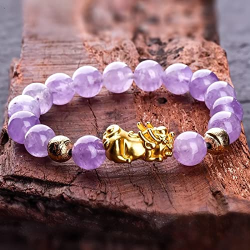 Bettelarmband Feng Shui Pixiu Reichtumsarmband Lavendel Jade Kristallperlen Goldener Pi Yao Charme Lila Quarzarmband Chakra Edelstein Geld anziehen Glück Glück Talisman Frieden Wohlstand, 12 mm ( Size von UTHTY