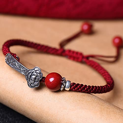 Natürliches Zinnober-Armband Zinnober Armband Sterling Silber Ruyi Bettelarmband Rote Schnur Armband Amulett Reichtum Viel Glück Armband Starker Talisman Stein Zinnober Quarz Armband ( Color : Red , S von UTHTY