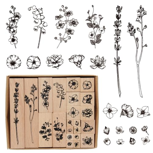 UTMACH 22 Stück Stempelset Holz Blumen, Pflanzen Stempel Holz Stempel Vintage Stempel Pflanzen Blatt Holzstempel Gummi Stempel, Stempelset Holz für Basteln Geschenkanhänger, DIY Fotoalben von UTMACH