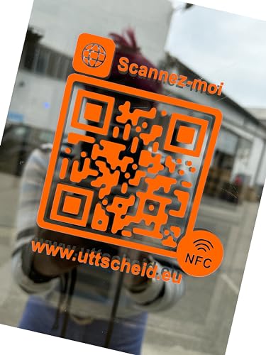 Aufkleber für Schaufenster QR-Code und NFC – Nachrichten – Facebook – Instagram – Google – Website – Promotions – Tripadvisor – PDF... (10 cm x 10 cm, Orange) von UTTSCHEID