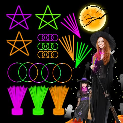 UURM 75 Halloween-Leuchtstäbe für Halloween-Partygeschenke mit Steckern, lila, orange, grün, Halloween, leuchtet im Dunkeln, Partyzubehör, Halloween-Geschenktütenfüller (lila + grün + orange) von UURM