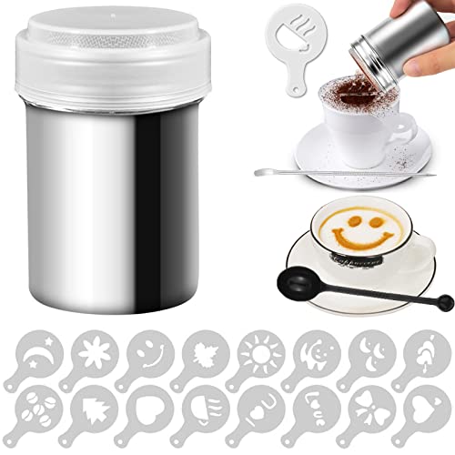 UV STYLISH Kakaostreuer - mit 19 Stück Kaffee Schablonen Streudosen mit Kaffeelöffel und Kaffee Kunst Stift Mesh Shaker Pulver Dosen für Kaffee, Cappuccino, Kakao, Schokopulver von UV STYLISH