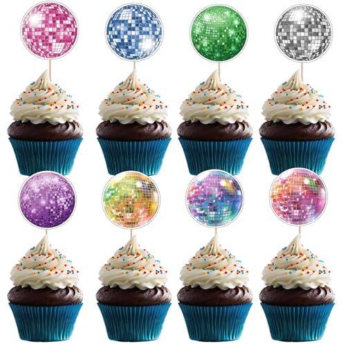 32 Stück Disco Ball Cupcake Toppers, Mini Disco Ball Picks, Disco Thema Tortendekorationen für 70er 80er 90er Geburtstag Party Zubehör Mehrfarbig von UVTQSSP