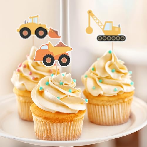 36 Stück Baufahrzeug Cupcake Topper Transport Kuchendeckel Bagger Cake Topper, Happy Birthday Cake Topper, Bagger Auto Kuchendekoration für Baby Jungen Kinder Geburtstag Party Dekoration von UVTQSSP