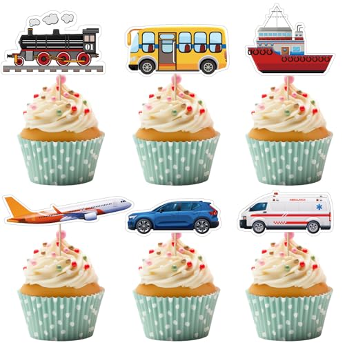 36 Stück Transport Cupcake Toppers, Zug Bus Schiff Airplan Auto Ambulanz Kuchen Deko, Fahrzeug Thema Geburtstag Party Dekorationen Zubehör von UVTQSSP