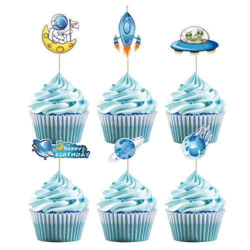 36 Stück Weltraum Cupcake Toppers, Astronaut Thema Geburtstag Kuchendekoration, Universum Elemente Geburtstagsfeier Dekoration für Jungen von UVTQSSP