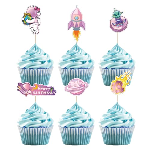 36 Stück Weltraum Cupcake Toppers, Astronaut Thema Geburtstag Kuchendekoration, Universum Elemente Geburtstagsfeier Dekoration für Mädchen von UVTQSSP