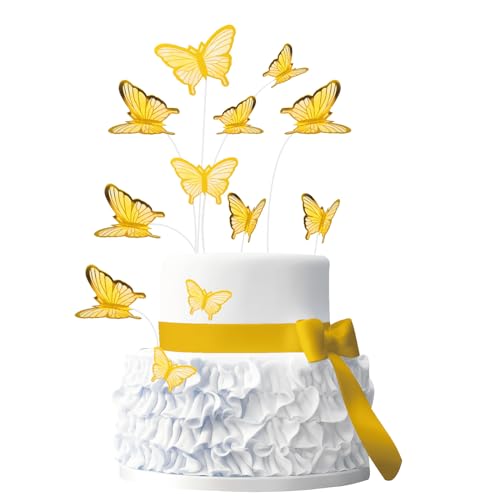 50 Stück 3D Schmetterling Cupcake Toppers, rosa mit Gold Border Butterfly Kuchen Dekorationen für Schmetterlinge Thema Geburtstag Hochzeit Mädchen Party Supplies (Gelb A) von UVTQSSP