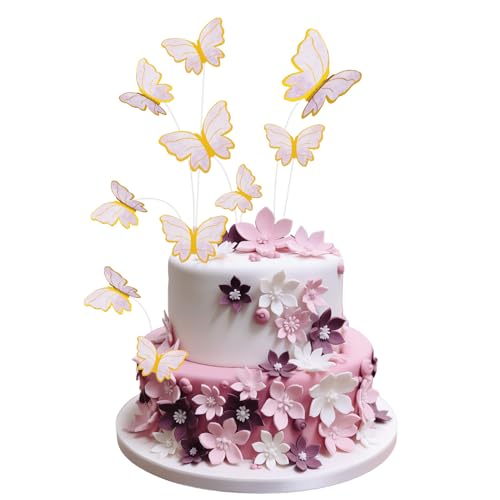 50 Stück 3D Schmetterling Cupcake Toppers, rosa mit Gold Border Butterfly Kuchen Dekorationen für Schmetterlinge Thema Geburtstag Hochzeit Mädchen Party Supplies (Violett B) von UVTQSSP