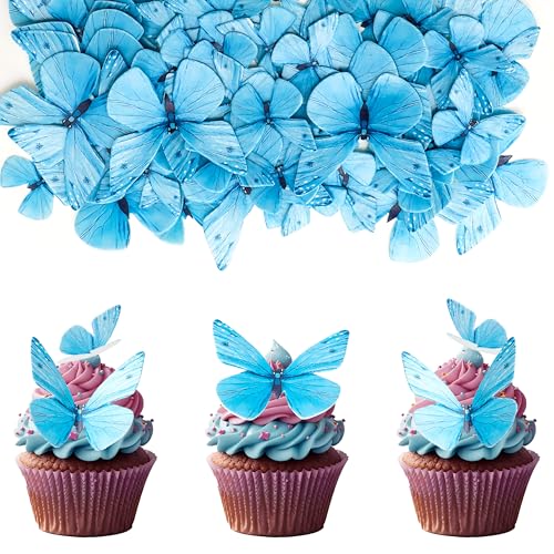 72 Stück Essbare 3D Schmetterling Cupcake Topper, Schmetterlinge Tortendeko für Butterfly Party Hochzeit Baby Dusche Geburtstag, Blau von UVTQSSP