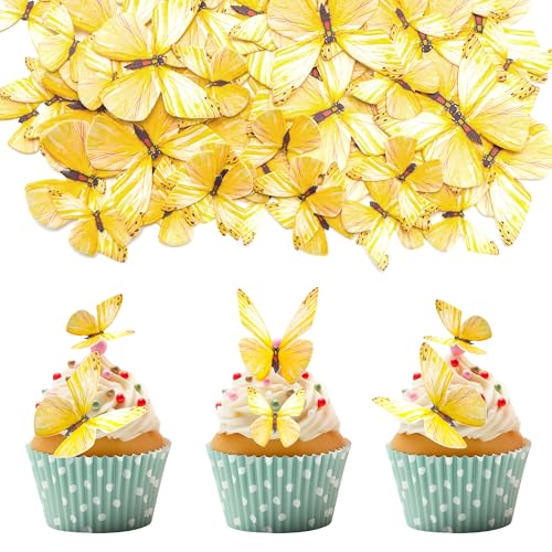 72 Stück Essbare 3D Schmetterling Cupcake Topper, Schmetterlinge Tortendeko für Butterfly Party Hochzeit Baby Dusche Geburtstag, Gelb von UVTQSSP