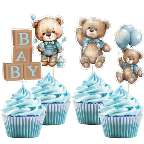 32 Stück Blau Bear Baby Shower Cupcake Topper Set, Bären Thema Cupcake Dekorationen für Baby Jungen Neugeborenes Party von UVTQSSP