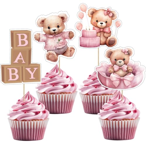 32 Stück Rosa Bear Baby Shower Cupcake Topper Set, Bären Thema Cupcake Dekorationen für Baby Mädchen Neugeborenes Party von UVTQSSP