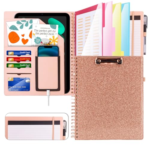 Lederspiral-Padfolio mit Spiegel für Damen, mit Klemmbrett, 5 Ordner mit 10 Taschen, Portfolio-Ordner, Klemmbrett mit Aufbewahrung, Spiral Clipfolio mit Gummiband - Roségold von UWTLFCE