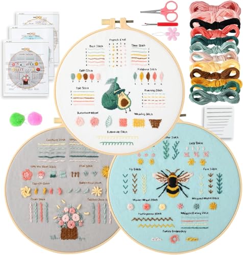 UXORSN 3 Sets Stickset für Anfänger Stickerei Set Sticken Set Erwachsene Lernen 28 Verschiedene Stiche Embroidery Starter Kit Kreuzstich-Kit mit Druckmuster Fäden Nadeln Stickrahmen Videolehrgang von UXORSN