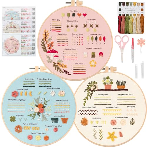 UXORSN 3 Sets Stickset für Anfänger Stickerei Set Sticken Set Erwachsene Lernen 30 Verschiedene Stiche Embroidery Starter Kit Kreuzstich-Kit mit Druckmuster Fäden Nadeln Stickrahmen Videolehrgang von UXORSN